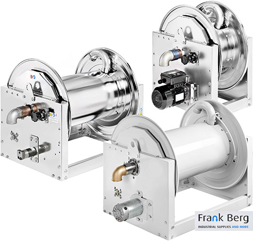 rvs haspels, Haspels met Elektrische aandrijving in 230V, 24V of pneumatisch, pneumatische haspel, gemotoriseerde slanghaspel